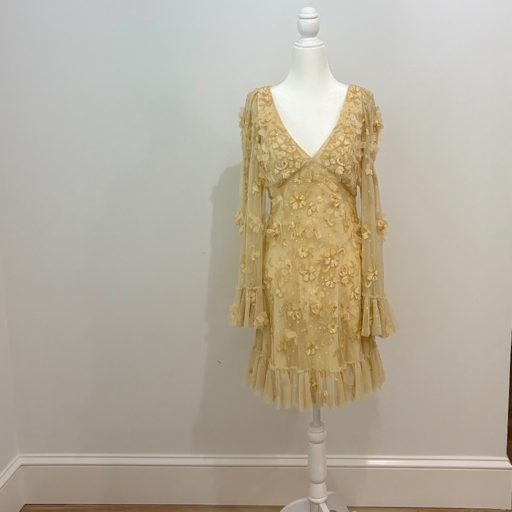 Mac Duggal Long Sleeve Yellow Embellished Short Gown